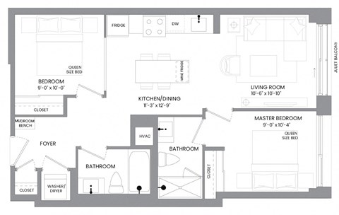 Floor plan for 2 beds, 2 baths, 721 sqft